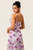 Purple Floral Printed Spaghetti Straps A Line Wedding Guest Dress