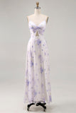 Lavender Flower Spaghetti Straps Cut Out Wedding Guest Dress with Slit