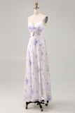 Lavender Flower Spaghetti Straps Cut Out Wedding Guest Dress with Slit