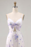 Lavender Flower Spaghetti Straps Cut Out Wedding Guest Dress with Slit