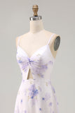 Lavender Flower Spaghetti Straps Cut Out Wedding Guest Dress with Slit