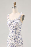 Floral Ruffled Printed Sheath Blue Asymmetrical Wedding Guest Dress