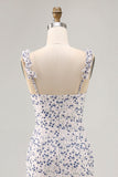 Floral Ruffled Printed Sheath Blue Asymmetrical Wedding Guest Dress