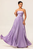 Strapless Lilac Pleated A Line Long Bridesmaid Dress
