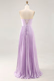 Strapless Pleated Lilac A Line Long Bridesmaid Dress