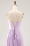 Strapless Pleated Lilac A Line Long Bridesmaid Dress