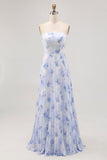 Blue Floral A Line Strapless Pleated Long Bridesmaid Dress