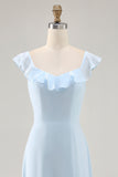 Sky Blue Ruffled Scoop Neck A Line Bridesmaid Dress