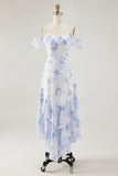 Blue Floral Printed A Line Ruffled Wedding Guest Dress