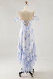 Blue Floral Printed A Line Ruffled Wedding Guest Dress