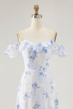 Blue Floral Printed A Line Ruffled Wedding Guest Dress