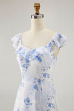 Blue Floral Printed A Line Ruffled Wedding Guest Dress