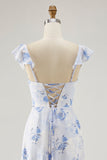 Blue Floral Printed A Line Ruffled Wedding Guest Dress