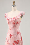 Printed Pink Flower A Line Ruffled Wedding Guest Dress