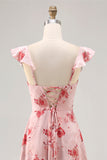 Printed Pink Flower A Line Ruffled Wedding Guest Dress