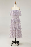 Off The Shoulder Purple Flower Printed A Line Wedding Guest Dress