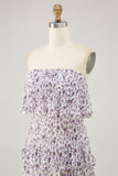 Off The Shoulder Purple Flower Printed A Line Wedding Guest Dress