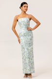 White Blue Floral Strapless Printed Sheath Bridesmaid Dress
