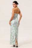 White Blue Floral Strapless Printed Sheath Bridesmaid Dress