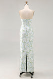 Strapless Printed White Blue Flower Sheath Bridesmaid Dress