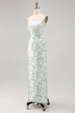 Strapless Printed White Blue Flower Sheath Bridesmaid Dress