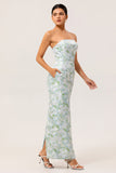 White Blue Floral Strapless Printed Sheath Bridesmaid Dress