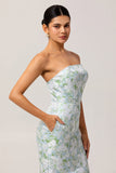 White Blue Floral Strapless Printed Sheath Bridesmaid Dress
