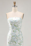 Strapless Printed White Blue Flower Sheath Bridesmaid Dress