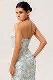 White Blue Floral Strapless Printed Sheath Bridesmaid Dress