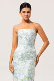 White Blue Floral Strapless Printed Sheath Bridesmaid Dress