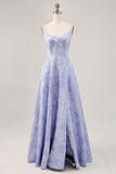 Blue A-Line Brocade Corset Long Prom Dress with Slit