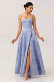 Blue A Line Spaghetti Straps Brocade Corset Prom Dress with Slit