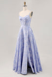 Blue A-Line Brocade Corset Long Prom Dress with Slit