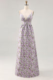 Purple Flower A Line Printed Spaghetti Straps Wedding Guest Dress