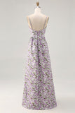 Purple Flower A Line Printed Spaghetti Straps Wedding Guest Dress