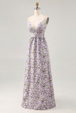 Purple Flower A Line Printed Spaghetti Straps Wedding Guest Dress