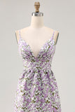 Purple Flower A Line Printed Spaghetti Straps Wedding Guest Dress