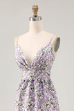 Purple Flower A Line Printed Spaghetti Straps Wedding Guest Dress
