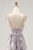 Purple Flower A Line Printed Spaghetti Straps Wedding Guest Dress