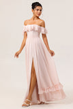 Off The Shoulder Ruffled Blush A Line Bridesmaid Dress with Slit
