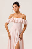 Off The Shoulder Ruffled Blush A Line Bridesmaid Dress with Slit