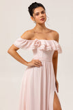 Off The Shoulder Ruffled Blush A Line Bridesmaid Dress with Slit