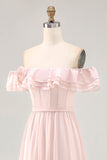 Off The Shoulder Blush Ruffled A Line Bridesmaid Dress with Slit