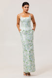 Blue White Floral Spaghetti Straps Printed Sheath Bridesmaid Dress