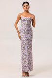 Purple Floral Sheath Printed Spaghetti Straps Long Bridesmaid Dress