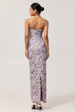 Purple Floral Sheath Printed Spaghetti Straps Long Bridesmaid Dress