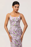 Purple Floral Sheath Printed Spaghetti Straps Long Bridesmaid Dress