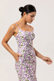Purple Floral Sheath Printed Spaghetti Straps Long Bridesmaid Dress