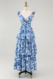 Blue Floral A Line Tiered V Neck Long Bridesmaid Dress