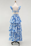 Blue Floral A Line Tiered V Neck Long Bridesmaid Dress